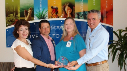 Florida Hospital DeLand was one of 21 hospitals in the nation to be named a finalist for the 2017 QUEST® Award for High-value Healthcare by Premier Inc., a leading healthcare improvement company. Pictured, from left to right: Melissa Gaston, Florida Hospital DeLand director of clinical effectiveness, Jeff Bates, Florida Hospital DeLand director of facilities, environmental services and materials management, Sonya Magnelli, Florida Hospital DeLand manager of materials, and Craig Lindsey, Florida Hospital DeLand chief nursing officer. [Photo: Florida Hospital News]