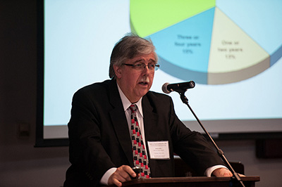 <strong>MEMBERSHIP RETENTION:</strong> Seventh-day Adventist researcher Monte Sahlin speaks at the Summit on Nurture and Retention, Monday, November 18 at the Adventist Church's world headquarters. More than 100 attendees examined data on why members leave the church, as well as how a focus on discipleship is key to keep members from slipping out the back door. [Photo: Ansel Oliver/ANN]