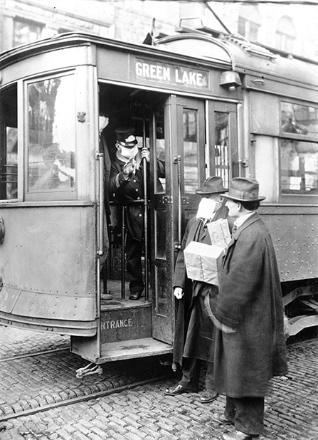 Precautions taken in Seattle, Washington during the "Spanish Influenza" pandemic would not permit anyone to ride on the street cars without wearing a mask. 