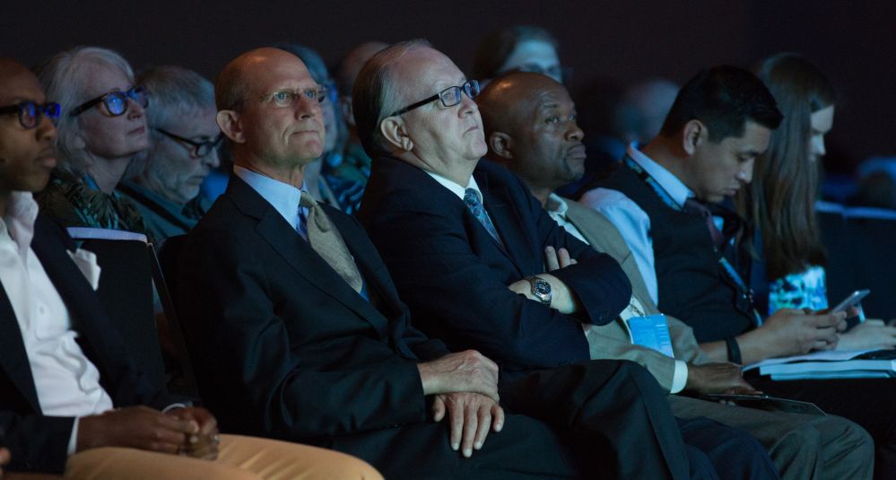 General Conference president Ted N.C. Wilson, second left, and North American Division president Daniel R. Jackson, third left, listening to a presentation at the CALLED conference. (Dan Weber / NAD)