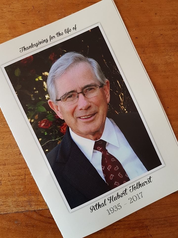 The program cover of Tolhurst's funeral and remembrance service at Avondale Memorial Church, in Cooranbong, New South Wales, Australia, on August 16. [Photo: North New South Wales Conference, Facebook]