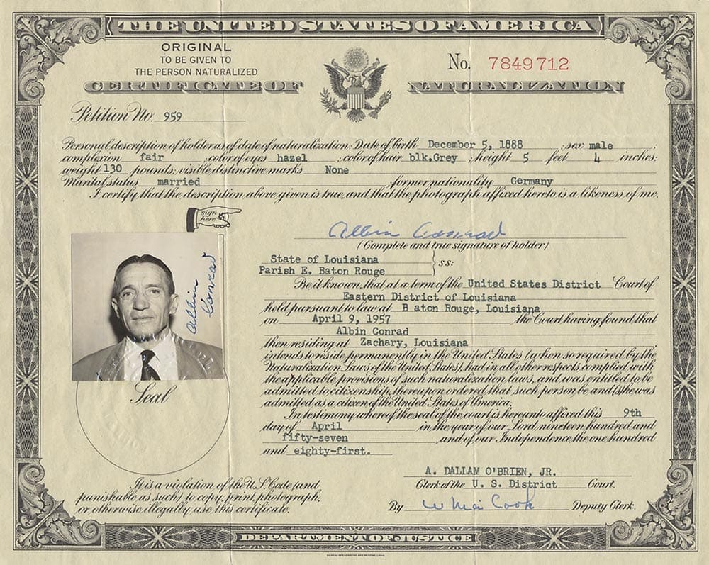 Albin's United States naturalization certificate issued in 1957. 