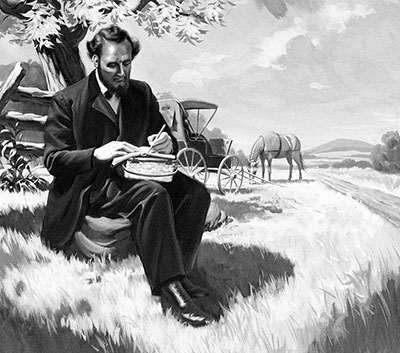 James White is depicted writing the first Sabbath school lessons.