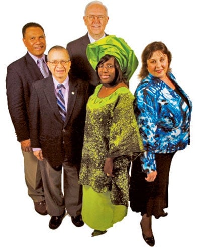 From left, the Stewardship Ministries team includes Erika Puni, Mario Nino, Larry R. Evans, Johnetta Flomo, and Penny L. Brink.