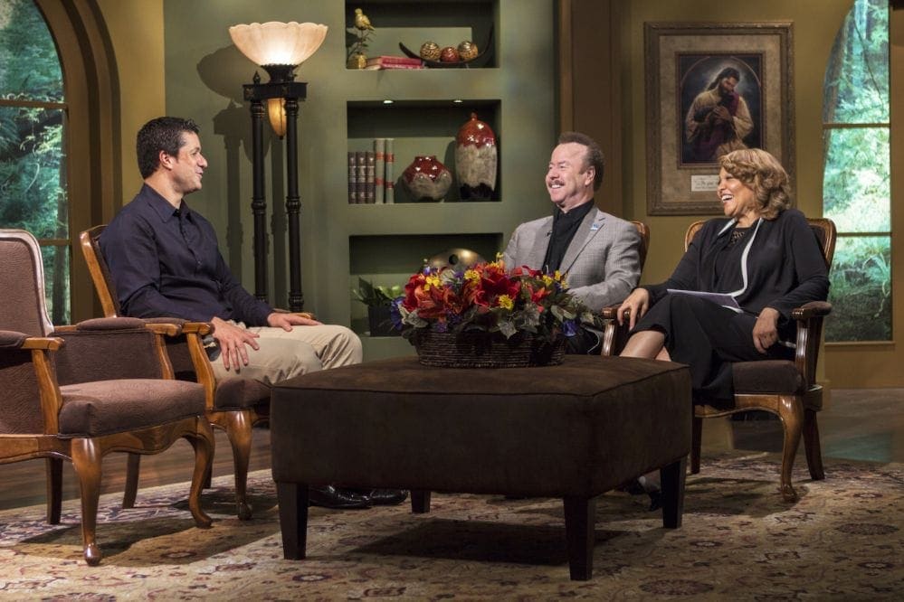 Danny Shelton, center, founder and president of 3ABN, and co-host Yvonne Lewis interviewing concert violinist Jaime Jorge in a studio at 3ABN's headquarters in West Frankfort, Illinois. (3ABN)