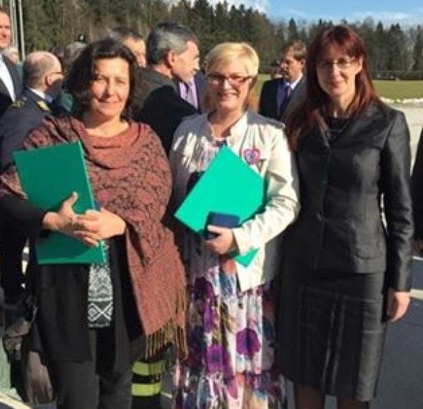 Maja Ahac, ADRA’s Slovenia country director, center, with Slovenian Defense Minister Andreja Katič, right, and Tereza Novak, executive director of Slovene Philanthropy. (TED)