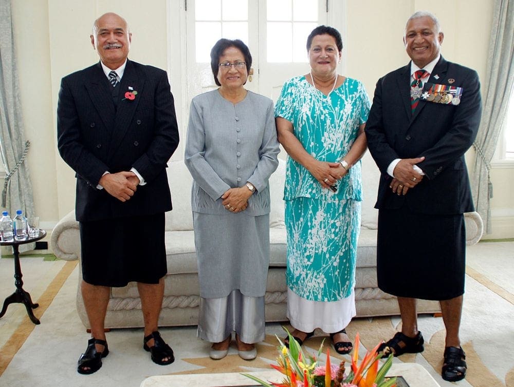The new president and first lady, left, with Prime Minister Voreqe Bainimarama and his wife at the Government House.