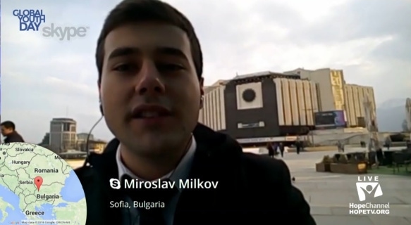 Miroslav Milkov, a young adult leader in Bulgaria, speaking with Hope Channel via Skype.