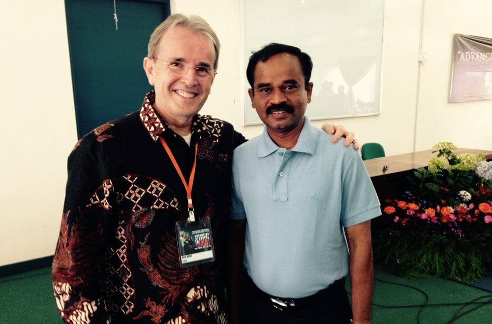Paulraj Massillamony, right, ministerial secretary of the Singapore Conference, with author Derek J. Morris at a preaching symposium in Indonesia this week. (Photo courtesy of Derek J. Morris)