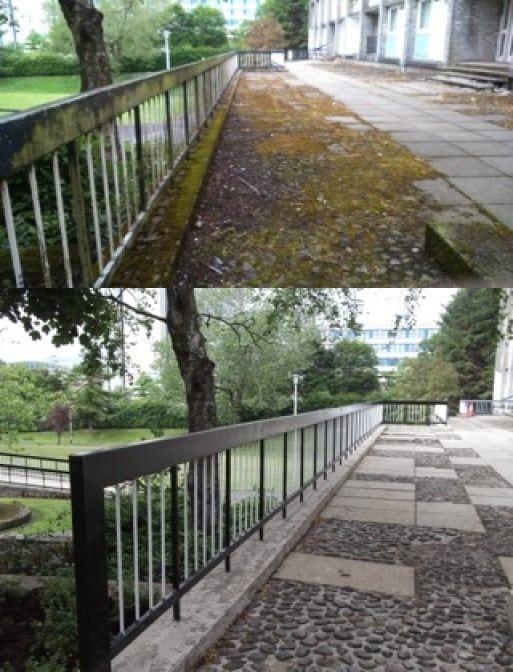 A view of the East Kilbride downtown area before (top) and after the repair work. (BUC)