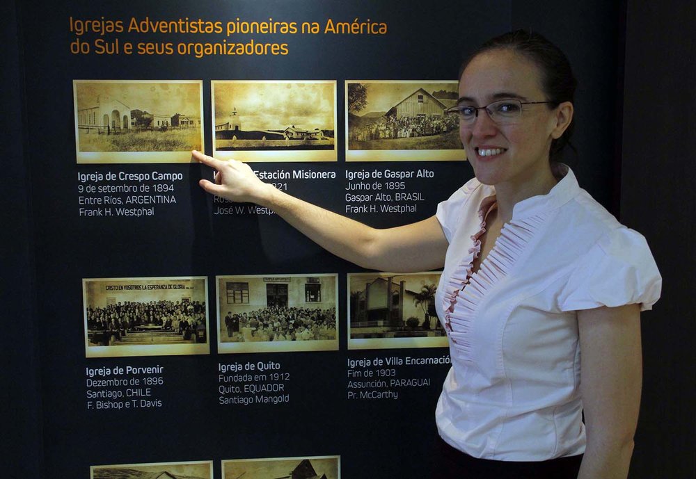 Translator Gretel Fontana showing the first Adventist church in South America that her great-grandfather attended.