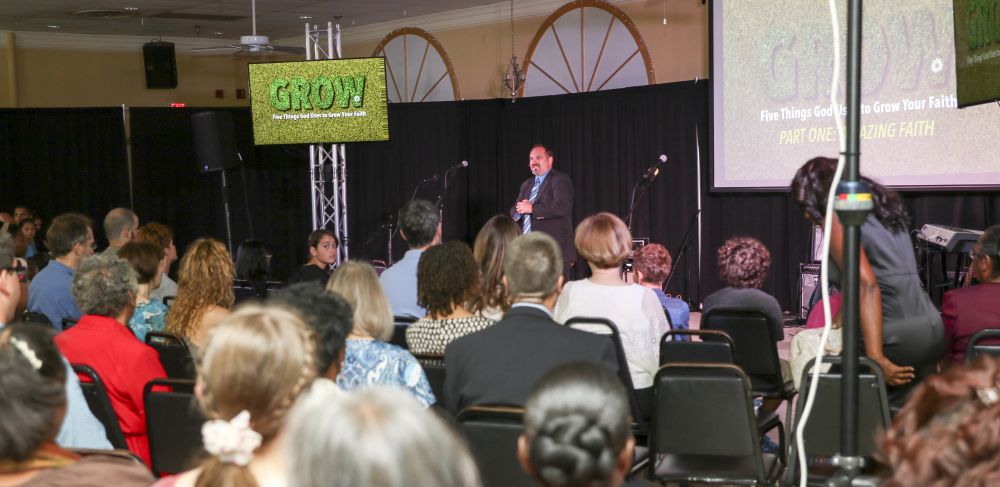Pastor Tim Madding speaking at the Beltsville church's new Tech Road campus last Sabbath.