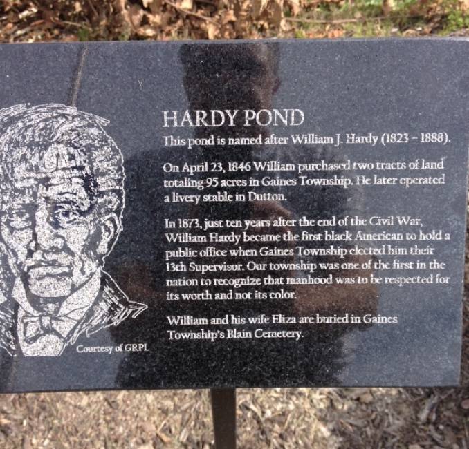 The plaque honoring Hardy at the pond. (Bernard Andersen)