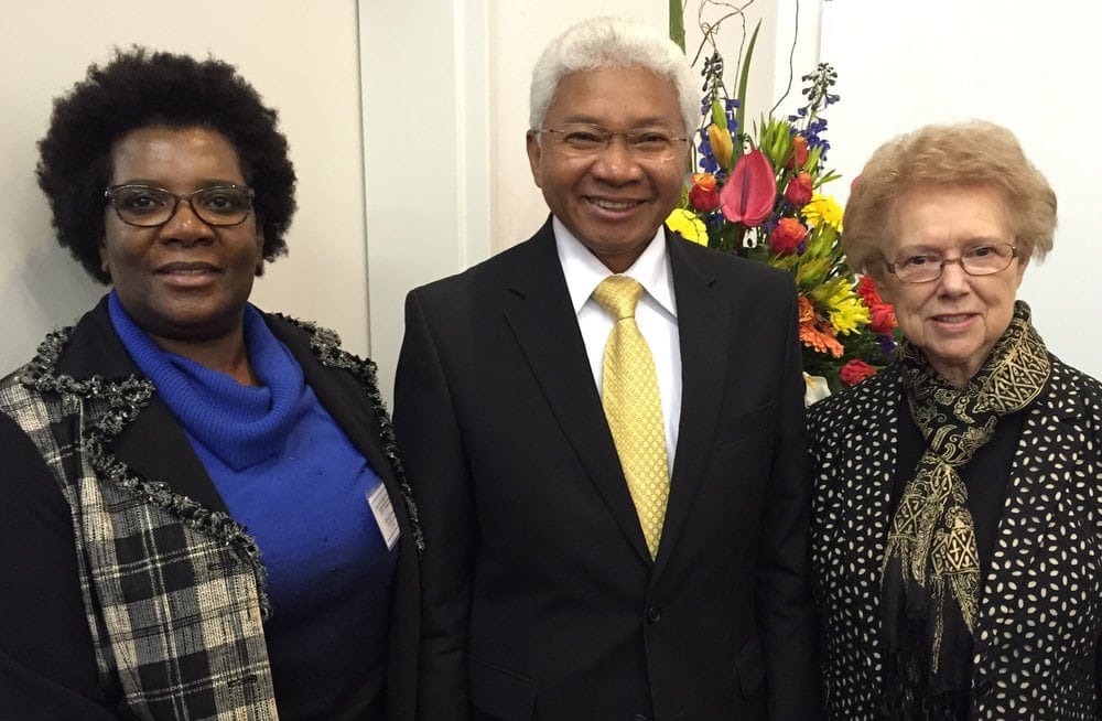 Annette Mwansa Nkowane, left, WHO’s worldwide technical officer for nursing and midwifery, attending a meeting this week in Bloemfontein, South Africa, to implement a $1 million, five-year project between the WHO and the Adventist Church. Pictured with her are Paul Ratsara, president of the Southern Africa-Indian Ocean Division, and Patricia Jones, associate director for nursing with the health ministries department of the Adventist world church. (Joanne Ratsara)
