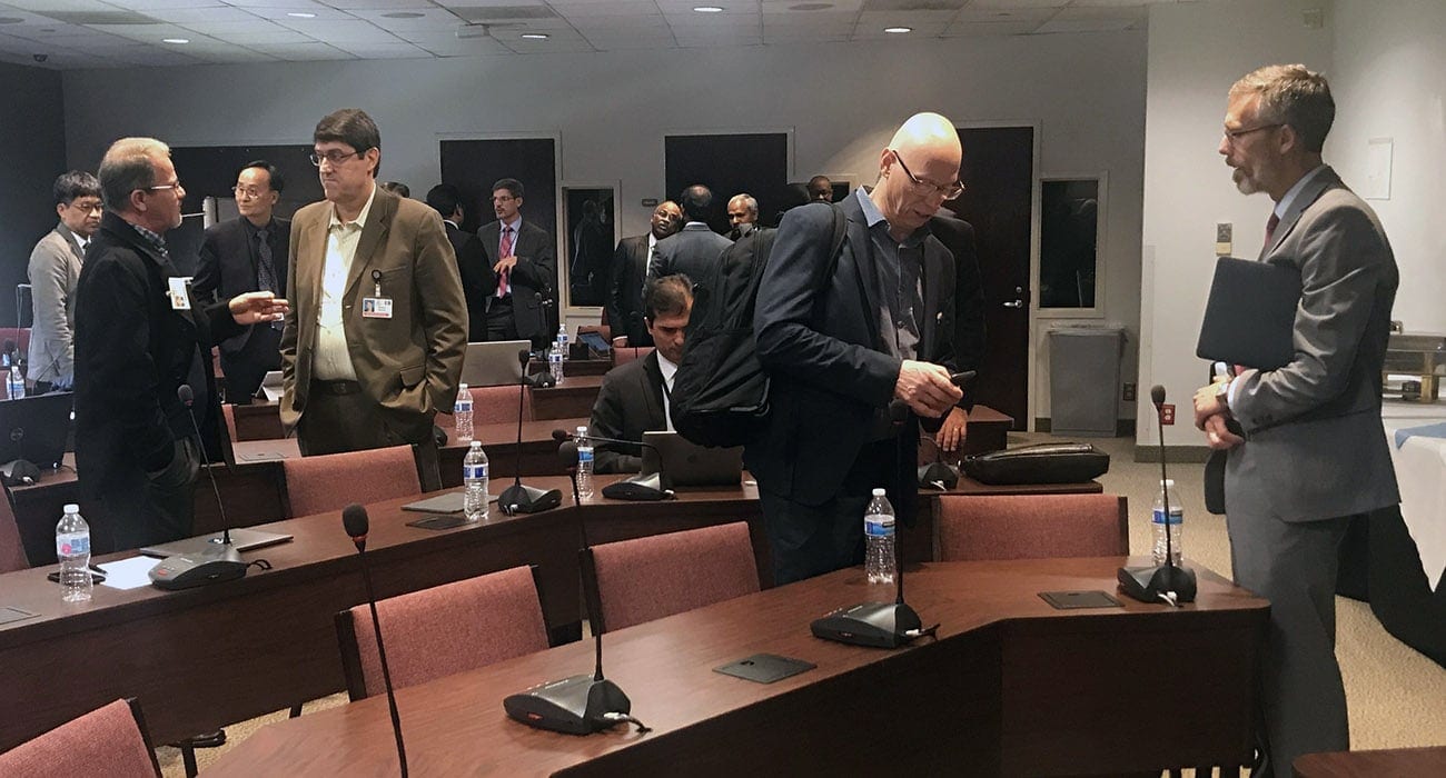 Adventist Church steward ministries director Marcos Bomfim (right) speaks with Middle East and North Africa Union Mission treasurer Michael Wixwat, on the sidelines of the Global Mission Issues Committee (GMIC) meeting at the world church headquarters in Silver Spring, Maryland, United States, on April 3, 2019. [Photo: Andrew McChesney, Adventist Mission]