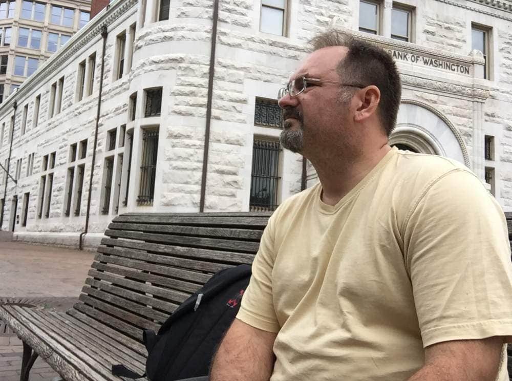 Tim Madding sitting on a bench in Washington during his week as a homeless person. (Visitor)
