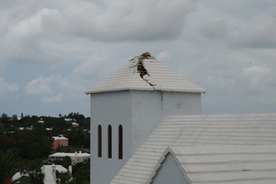A view of the damaged steeple roof of the Southampton Seventh-day Adventist Church on Sunday, May 25, 2014. Photo credit: Bermuda Sun