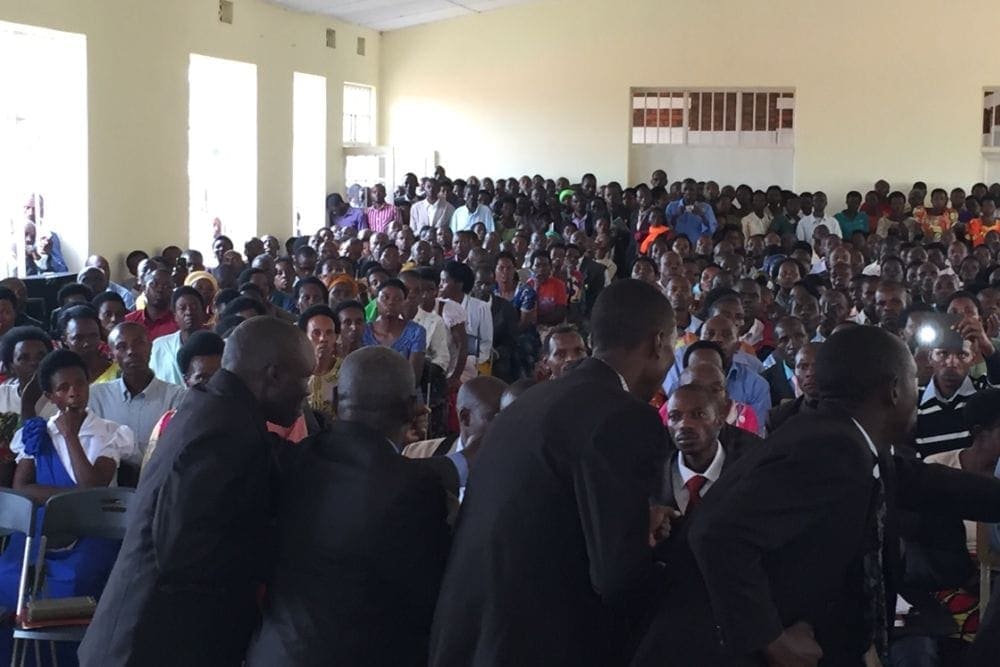 Hundreds of people packing a church in Kibuye, Rwanda, to hear prayer and revival presentations by Jerry and Janet Page on Thursday. The meeting was moved outside because of the crowd. (Jerry Page)