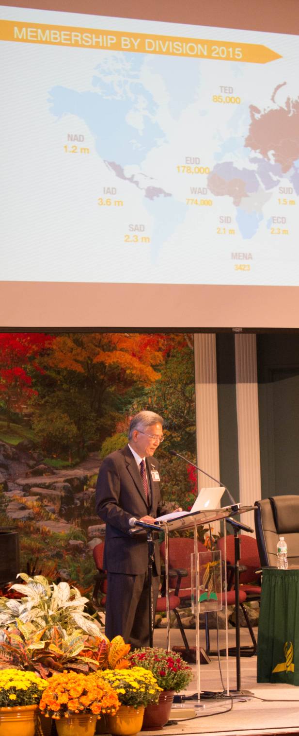 G.T. Ng showing Adventist membership by division during his annual report Sunday. (Brent Hardinge / ANN)