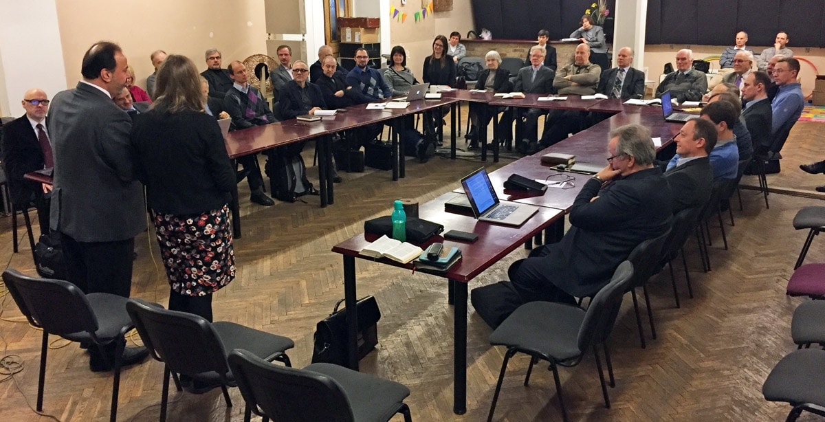 Raafat Kamal, president of the Seventh-day Adventist Church in the Trans-European region, addresses a group of Latvian Adventist pastors in the capital city of Riga. [Photo: Trans-European Division]