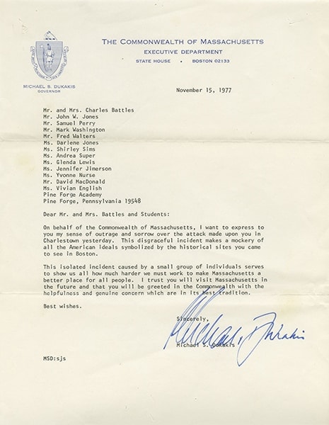 Then-Massachusetts governor and eventual presidential candidate, Michael Dukakis sent a letter of apology to the entire group in the wake of the incident.