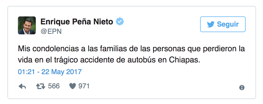 President of Mexico Enrique Peña Nieto tweeted: “My condolences to the families of the people who lost their lives in the tragic bus accident in Chiapas.”  [Screen grab by Inter-American Division News]