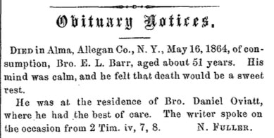An obituary notice for Eri L Barr published on June 14, 1864, on page 23 of the Review and Herald, predecessor to the Adventist Review.
