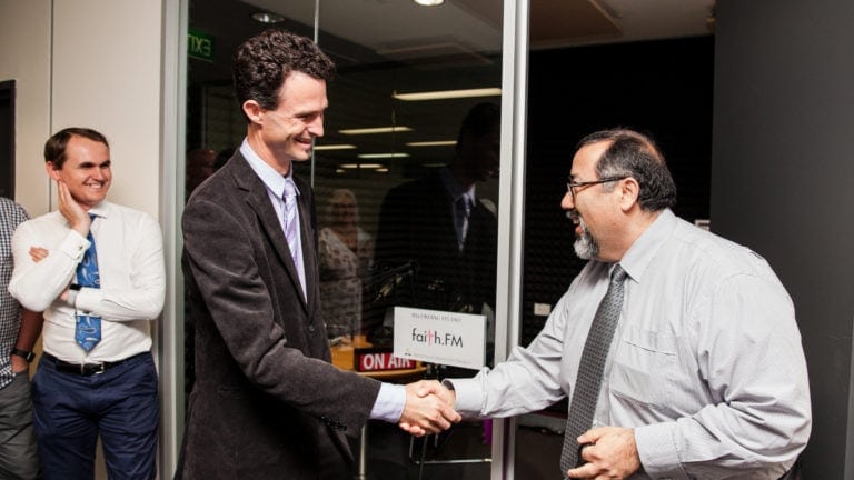 Faith FM coordinator Michael Engelbrecht and AUC president Pastor Jorge Munoz, after cutting the ribbon to open the new studio.  Photo: Adventist Record