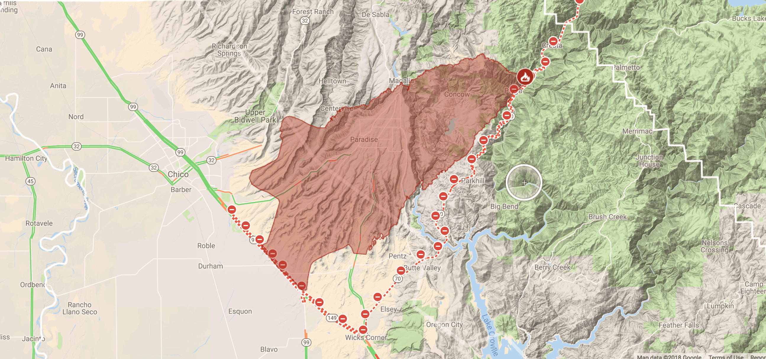 Fire warning area for the Camp Fire located near Paradise, California. [Photo: Google Maps]