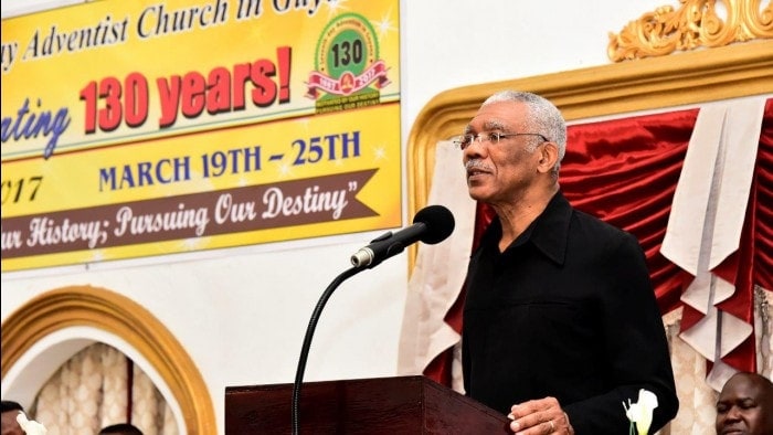 President of Guyana David Granger addresses church members and visitors gathered at the Central Seventh-day Adventist Church in Georgetown, Guyana, on March 19. His visit was part of the 130th anniversary celebrations of the Adventist Church in that country. [Photo: Ministry of the Presidency of Guyana]