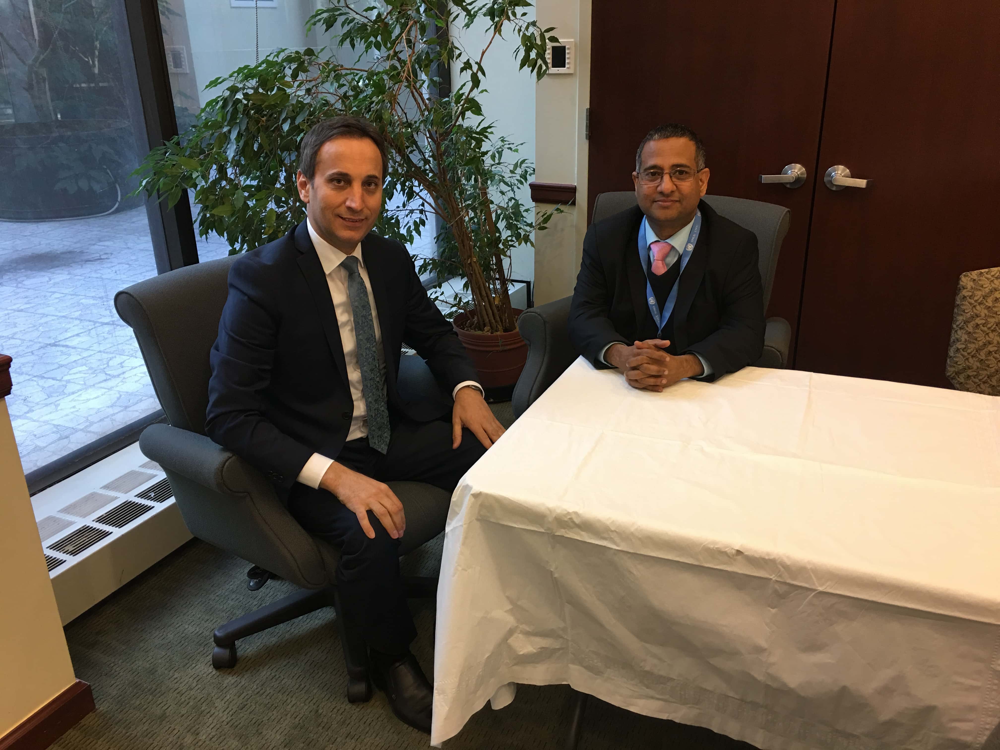 Seventh-day Adventist United Nations Liaison, Dr. Nelu Burcea (left) met with newly appointed U.N. Special Rapporteur for freedom of religion or belief, Dr. Ahmed Shaheed (right) to share the Adventist Church’s vision for defending freedom of religion. Photo credit: United Nations