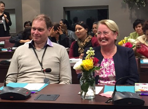 Lars Andersson sitting beside Trans-European Division executive secretary Audrey Andersson as she receives the General Conference Woman of Excellence award earlier this month. (TED)