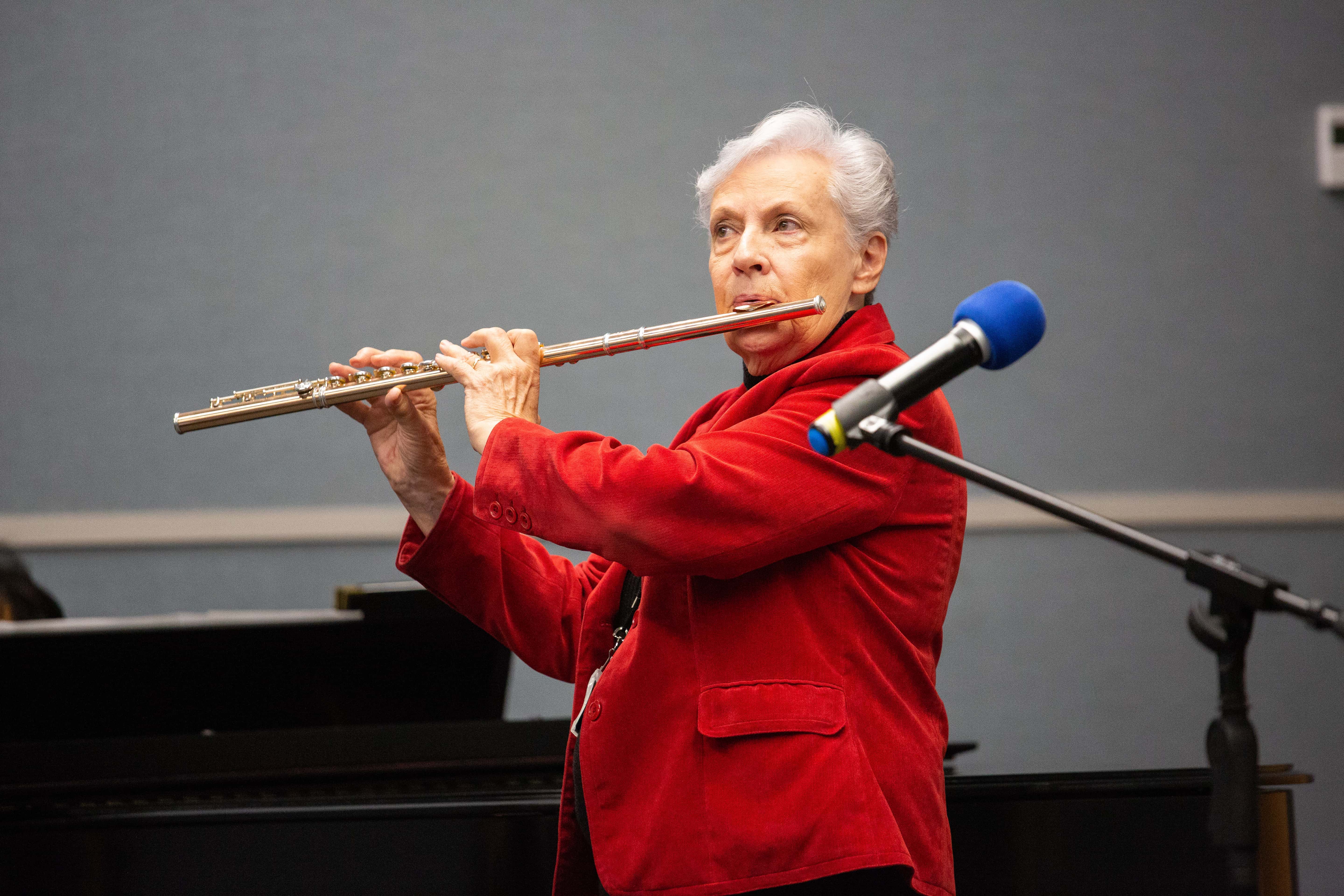 Lilya Wagner, director of Philanthropic Services for Institutions (PSI), plays her flute for the worship service on National Philanthropy Awareness Day, November 14, 2018, at the North American Division headquarters. [Photo: Mylon Medley, North American Division News]
