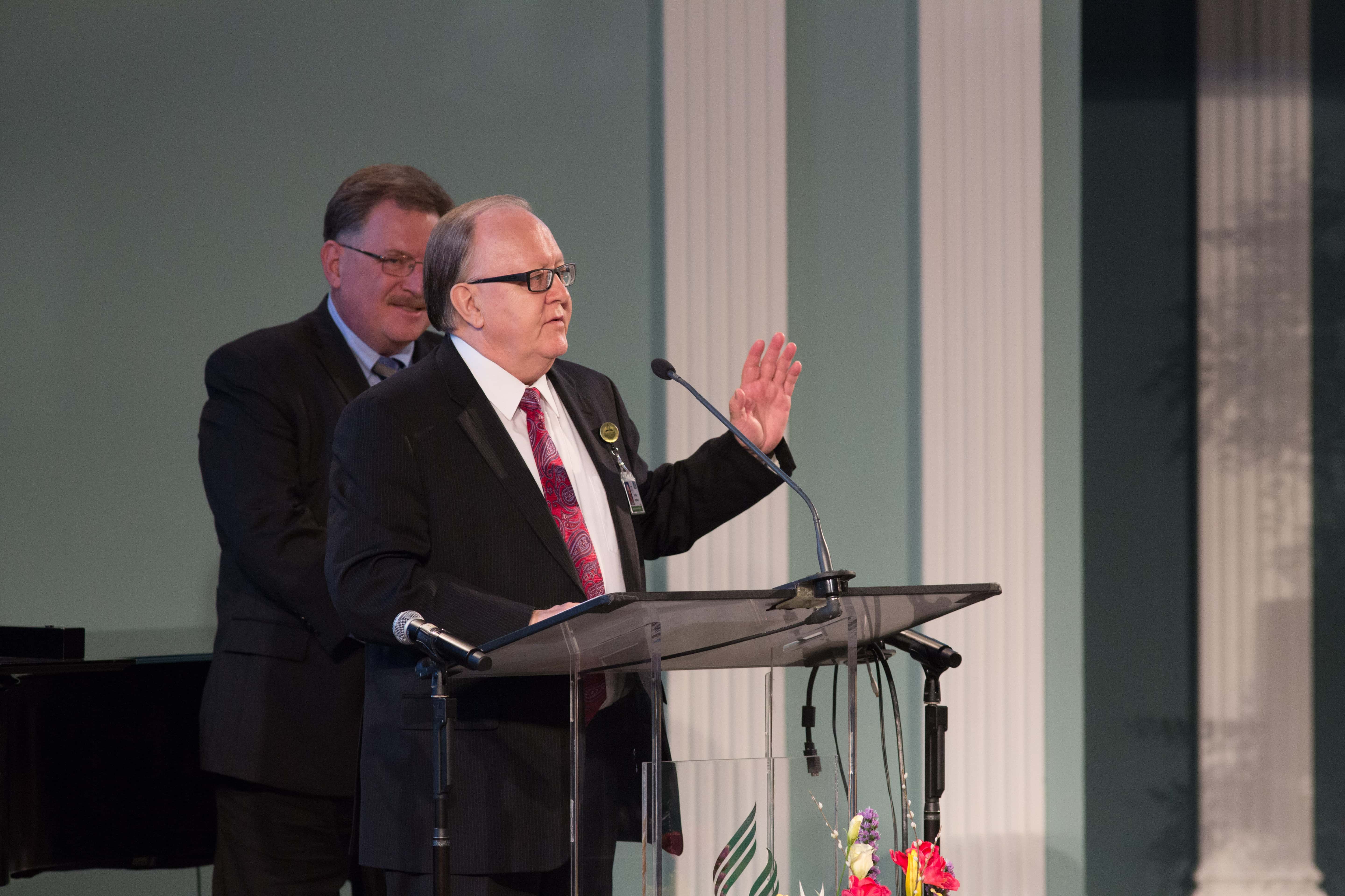 Daniel R. Jackson, president of the Seventh-day Adventist Church in North America, introduces the Partners in Mission literacy program during 2017 General Conference Spring Meeting on April 12. [Photo by Dan Weber]