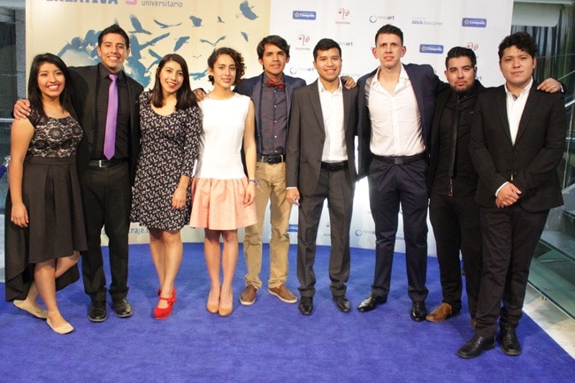 Production team from Montemorelos University at the 9th national university Hazlo en Cortometraje awards ceremony at the Cinépolis Arcos Bosques facilities in Mexico City, Jan. 26, 2017. From left to right: Cristel Romero, Samuel Ramírez, Jana Gómez, Lizzy Hernández, Jorge Sosa and Eder Pesina. Next to them are first place winners from the fiction category Mario Genel; Oscar Navoa winner in the experimental category and Francisco Martínez, second place winner in the documentary category. Image courtesy of Montemorelos University