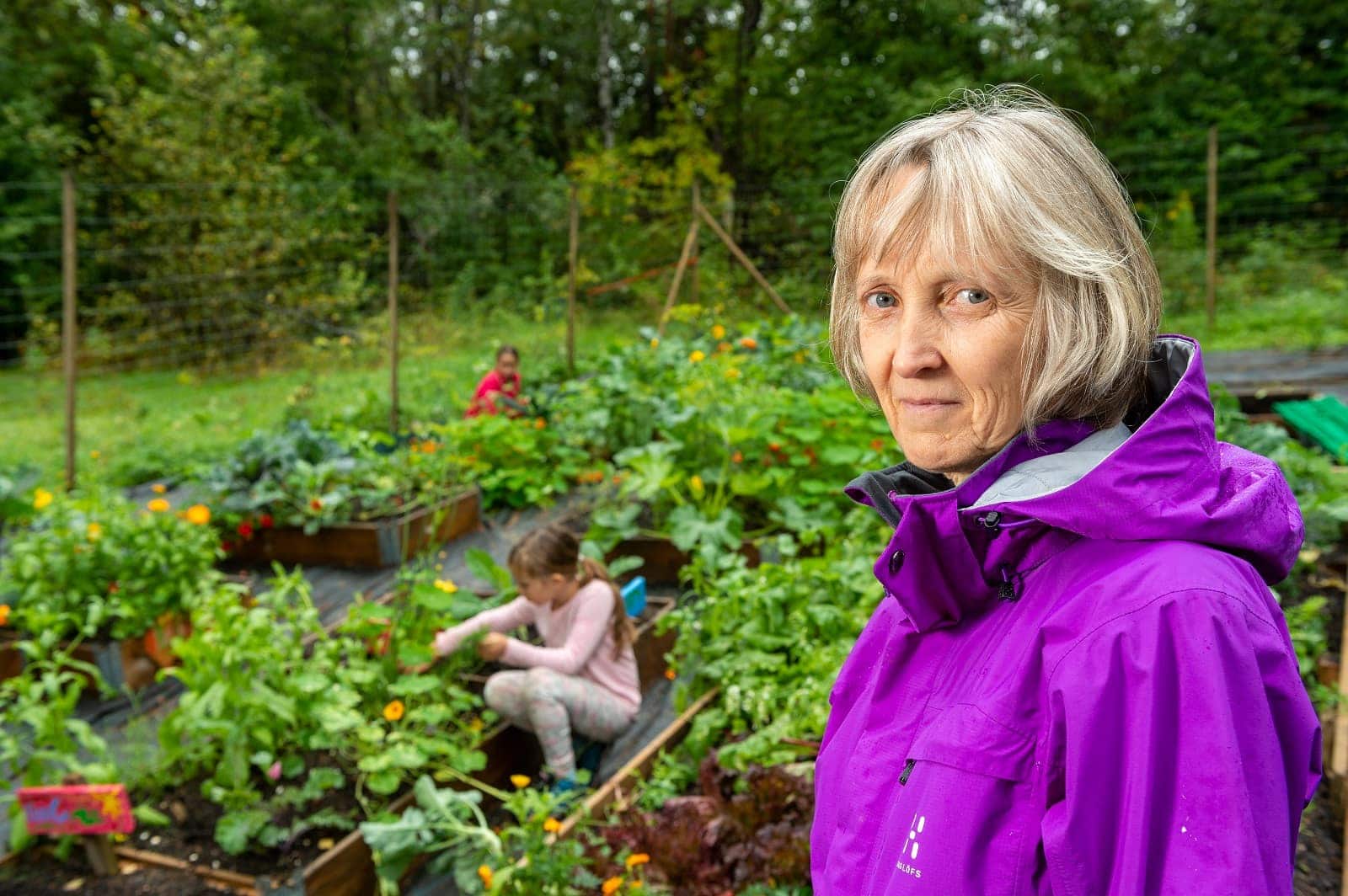 Susan Ursett, principal of the Tyrifjord videregaende skole in Norway, said she is very proud of her students. She is pictured in the school vegetable garden, which provides vegetables for the cooked lunch the students are served daily. [Photo: Tor Tjeransen/ADAMS]