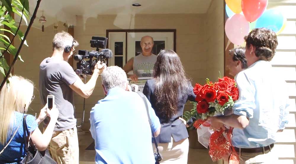 Neil Kroll, pictured in a video still, learning that he won the $1 million sweepstakes at his home in Castle Rock, Washington, on June 30. Photo: Publishers Clearing House / YouTube