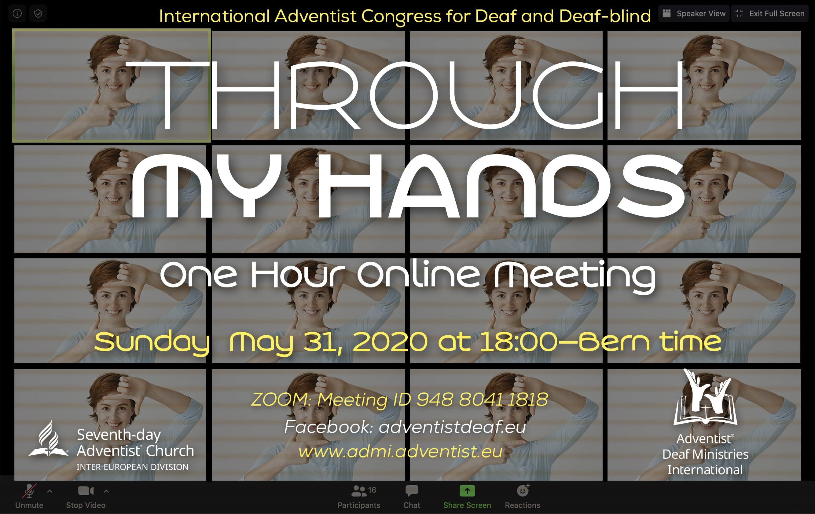 Poster ad for the May 31, 2020 online event for the deaf and deaf-blind, which drew 220 Seventh-day Adventist deaf people together for an hour of sharing. [Photo: Inter-European Division News]