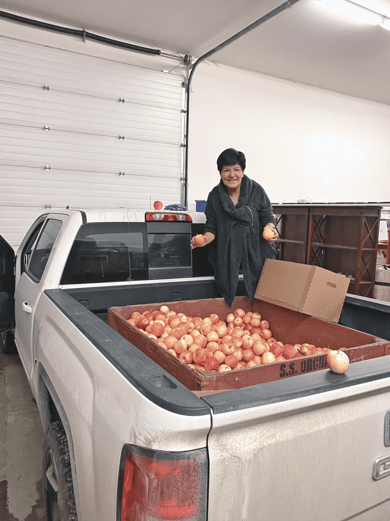 Vicky Ford, canning workshop coordinator in Maskwacis, Alberta, Canada, surveys more than 180 kilograms (400 pounds) of apples. [Photo: Canadian Adventist Messenger]