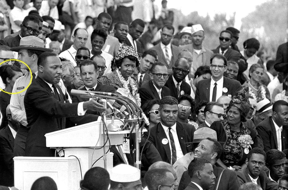 Yolanda Clarke, circled, can be seen standing behind Martin Luthur King Jr. during his "I Have a Dream" speech.