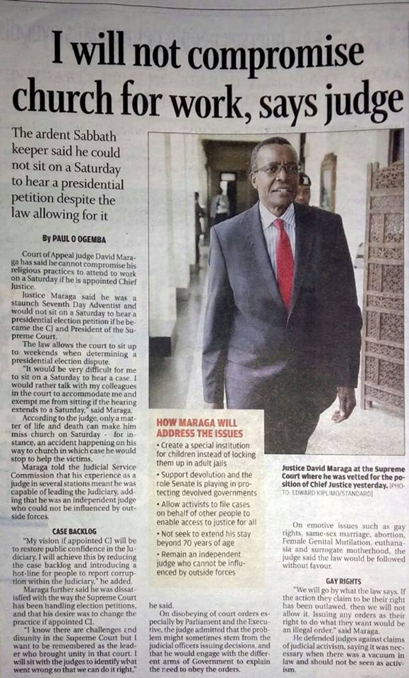 Judge David Maraga pictured in the Sept. 1, 2016, edition of the Standard newspaper. (James Omwenga / Facebook)