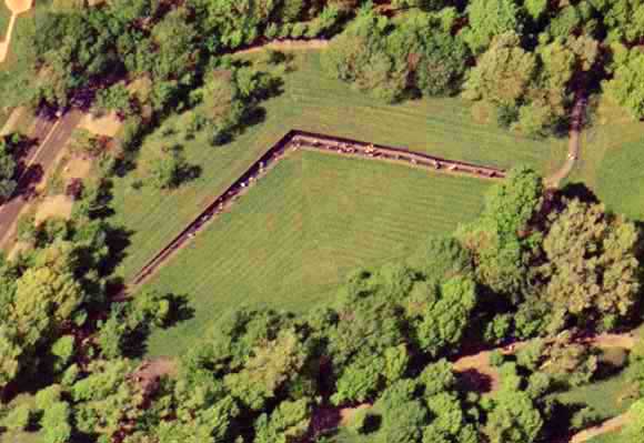 The Vietnam Memorial as seen from above. The various round "dots" are visitors looking at the wall.