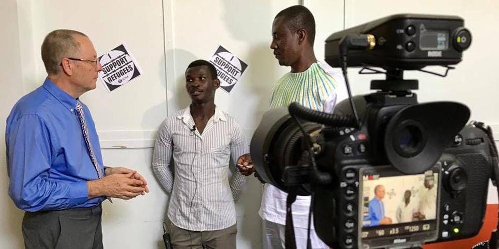 Trans-European Division communication director Victor Hulbert (left) interviews African refugees on World Refugee Sabbath 2017 in Castel Volturno, Italy. In 2019, this annual day of recognition will take place on June 15, 2019. [Photo: Inter-European and Trans-European Division News]