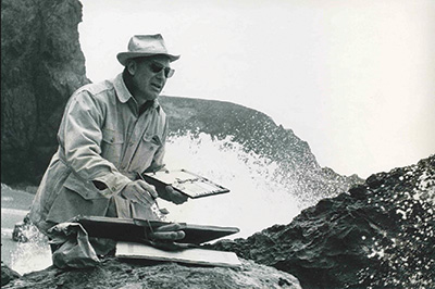 <strong>ARTIST AT WORK:</strong> Vernon Nye, at work in the outdoors, 1960. The noted Seventh-day Adventist artist, illustrator, and educator passed to his rest recently