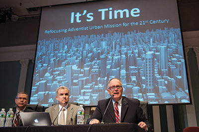 <strong>URBAN MISSION:</strong> Gary Krause (center) is director of the Office of Adventist Mission. In an interview he explained the significance of a document that came out of the “It’s Time” conference on urban mission. Also pictured here on the final day of the conference, on October 1, are Mike Ryan, an Adventist Church vice president, and Rick McEdward, director of the Global Mission study centers. 