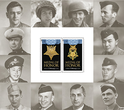 <strong>MEDAL OF HONOR STAMPS:</strong> Part of the pane of Medal of Honor stamps issued by the U.S. Postal Service. Rear pane inscription mentioned Desmond H. Doss, the Seventh-day  Adventist conscientious objector who received the Medal of Honor for his heroic service on Okinawa.