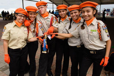 The Westchester Drill Team celebrates their first place award. From left to right they are: Emily Gancedo, Raquel Amich (drill commander), Eddy Chamizo, Aracely Blanco, Denysse Alvarado, and Ashley Romero. They are members of the Westchester Spanish Church in the Florida Conference. Photo by R. Steven Norman, III