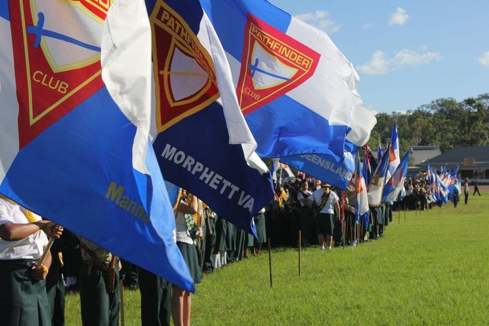Flags fluttering in the wind as thousands of Pathfinders line up on the Toowoomba Showgrounds during the camporee. Photo: Kent Kingston