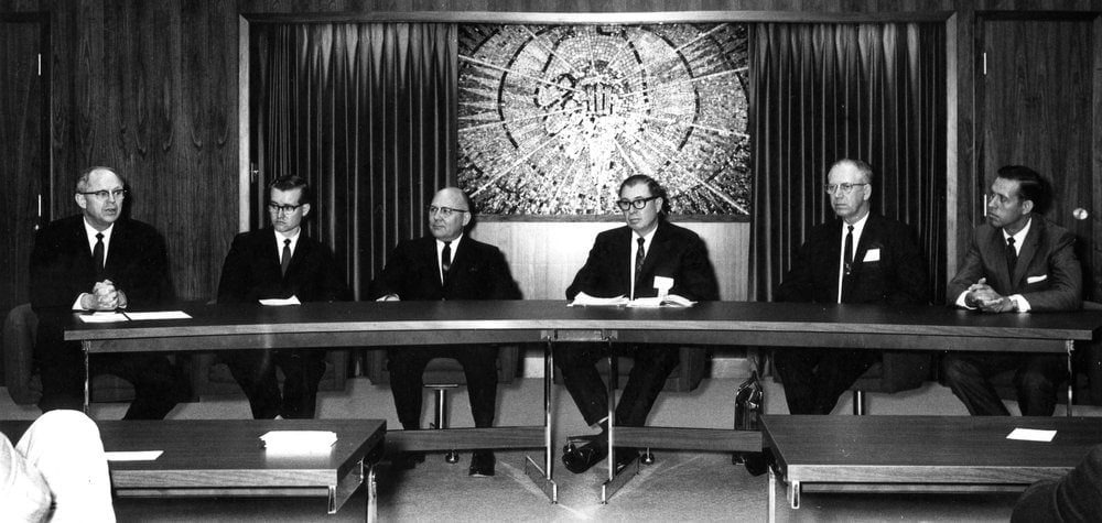 <strong>ANDREWS PANEL:</strong> Andrews University leadership discussing financial donations in 1968. From left, Richard L. Hammill, Kendall Hill, V.E. Garber, James Barclay, Paul T. Jackson, and Lee Boothby. Credit: Center for Adventist Research Image Database