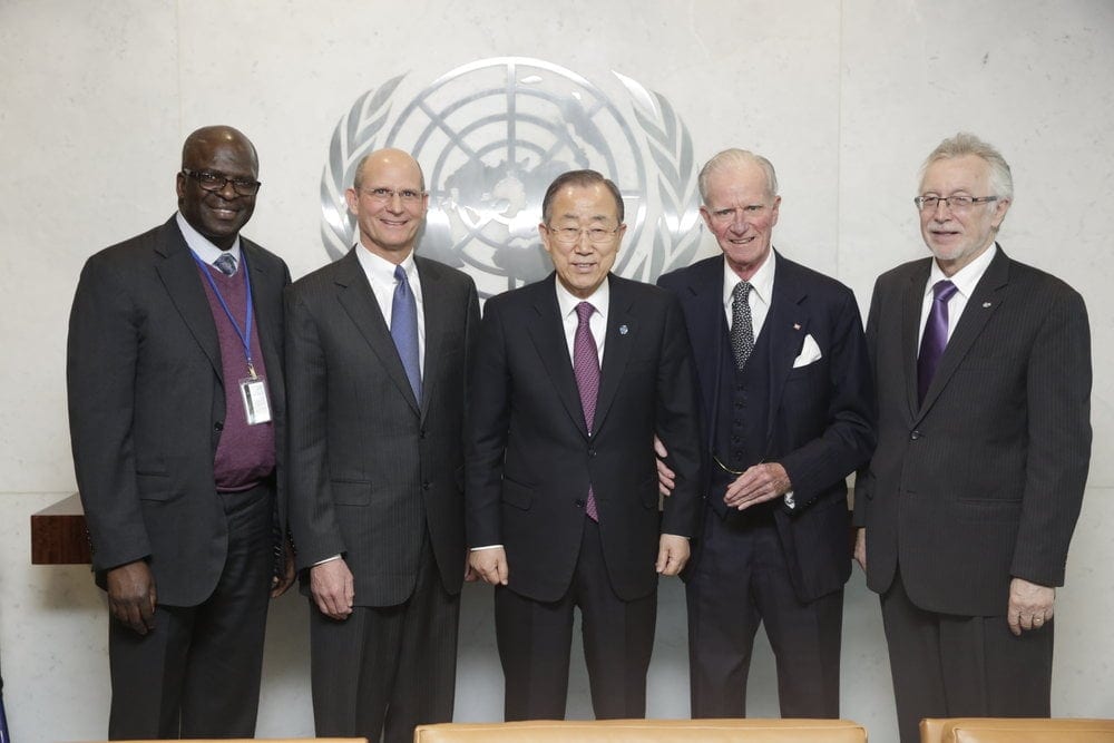 From left, Ganoune Diop, Ted N.C. Wilson, Ban Ki-moon, Joseph Verner Reed, and John Graz. Photo: Evan Schneider / UN